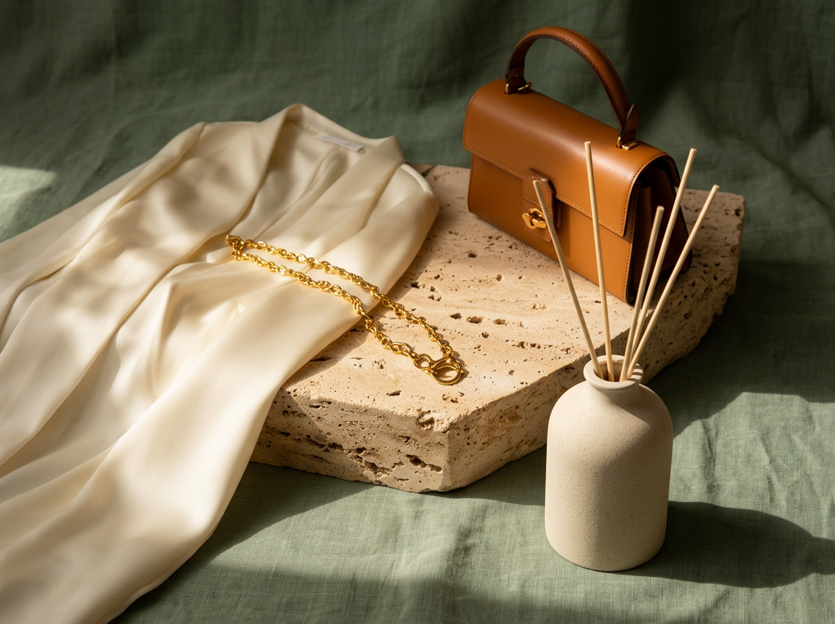 A still life of curated objects: silk, gold, leather and apothecary glass